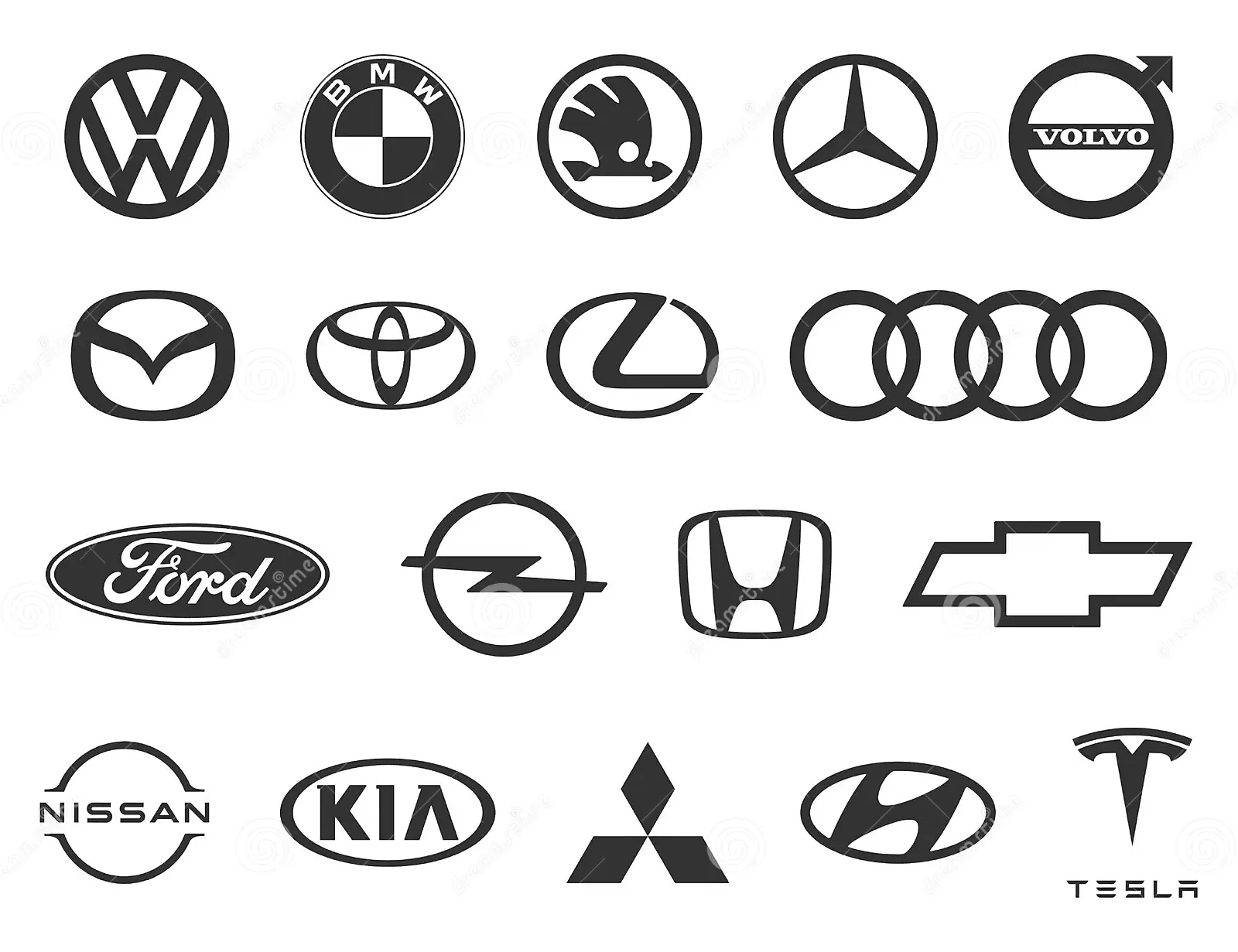 Automarken: VW, BMW, Škoda, Mercedes-Benz, Volvo, Mazda, Toyota, Lexus, Audi, Ford, Opel, Honda, Chevrolet, Nissan, Kia, Mitsubishi, Hyundai, Tesla